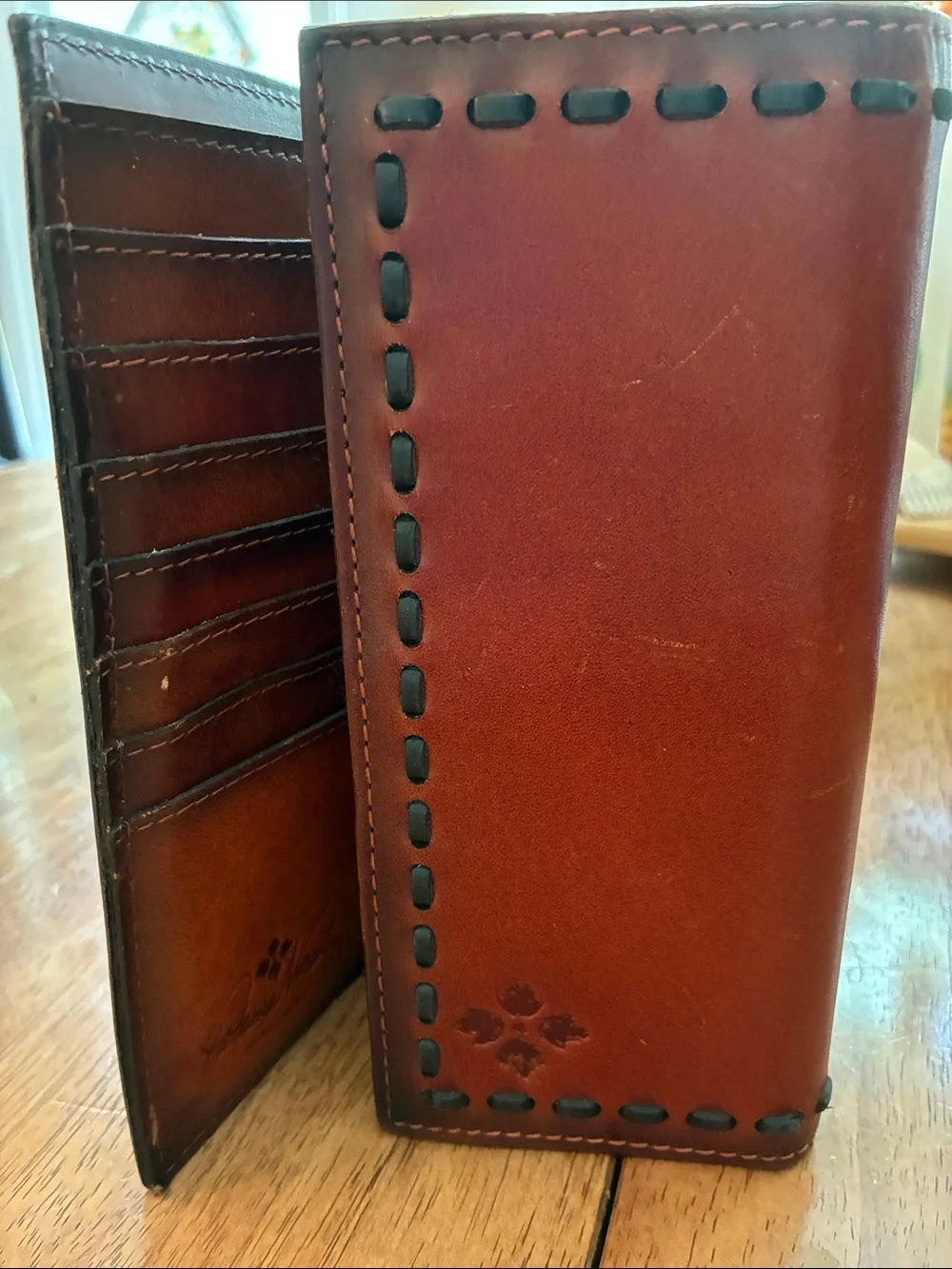 Patricia Nash Terresa Patchwork Leather Trifold Wallet (Beet color)